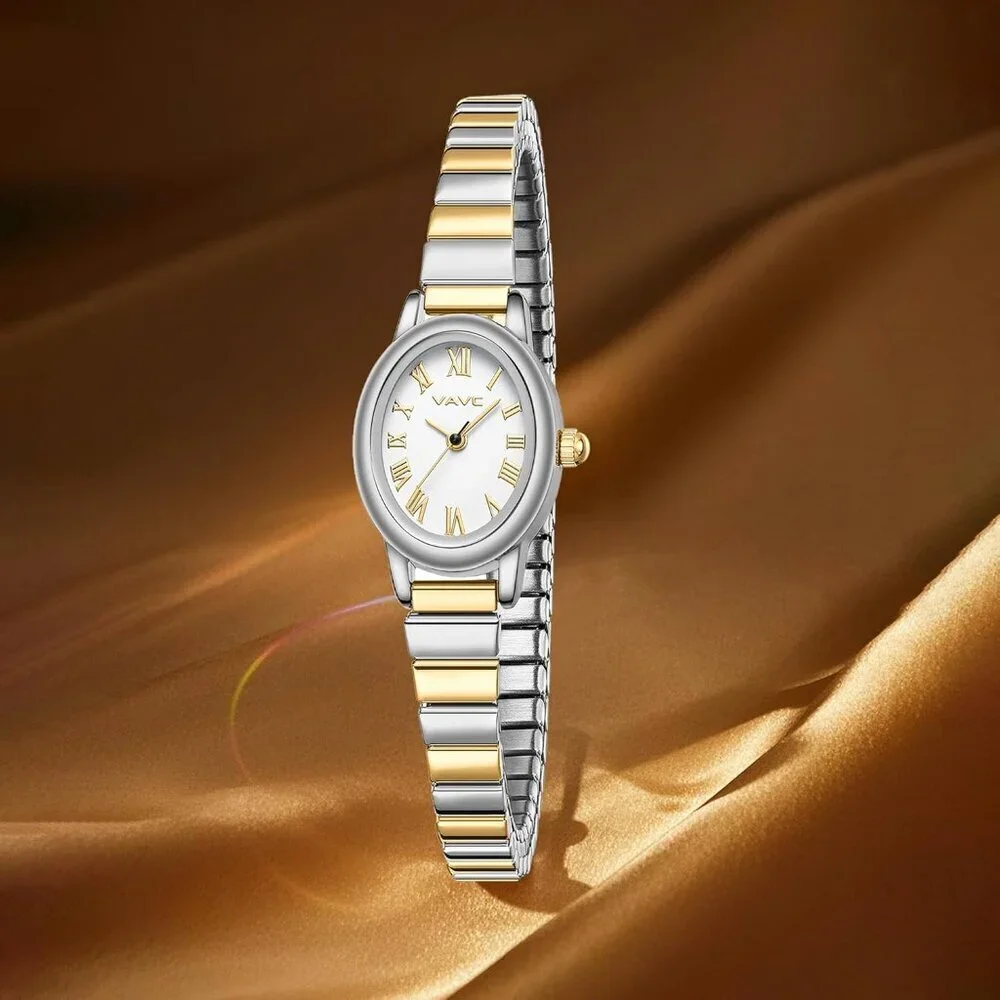 Women's Silver Gold Watch Stainless Steel Expansion Band Oval Case Roman Dial